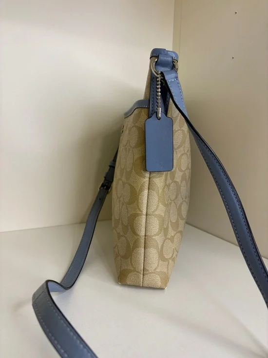 COACH Khaki Signature Crossbody and Wallet with Light Blue Trim - Picture 4 of 15